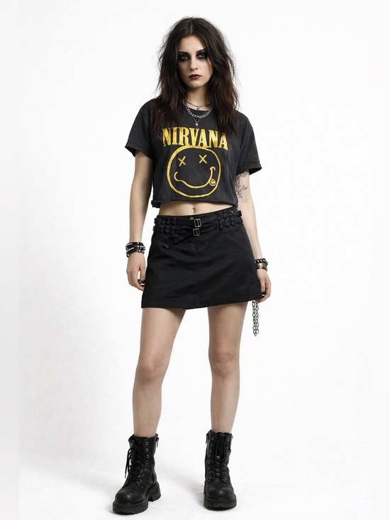 Vintage Dresses & Skirts - Y2K Black Belted Mini Skirt Vintage Whimsigoth Grunge Goth Vamp 90s